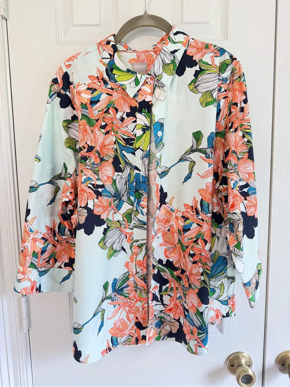 Chico's Mint Floral Button-Down Shirt with Coral, Navy & Green Accents - Picture 2 of 10